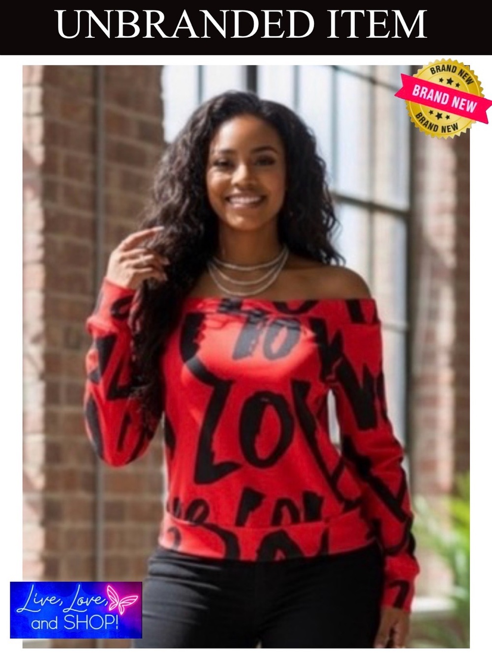 SHIRT: Red & Black “Love” Print Off-Shoulder Long Sleeve Shirt, NWOT